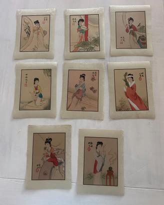Vintage, 8 dipinti cinesi su carta stoffa