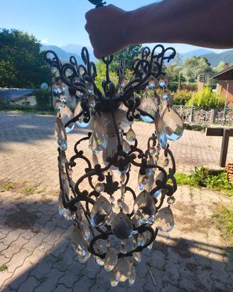 Lampadario Vintage a Gabbia in Ferro Battuto