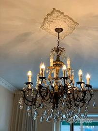 Lampadario ottone e gocce di cristallo di Boemia