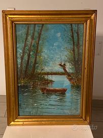 Dipinto Olio su Tavola W. Finger paesaggio fluvial