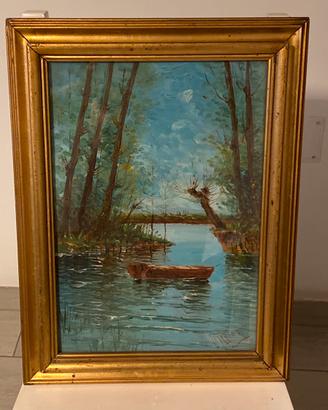 Dipinto Olio su Tavola W. Finger paesaggio fluvial