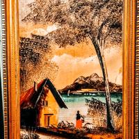 Quadro con paesaggio e casa dipinto a olio.