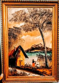 Quadro con paesaggio e casa dipinto a olio.