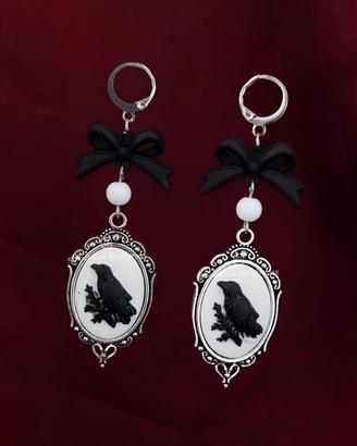 Orecchini Cammeo Corvo e Fiocco nero Handmade 