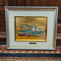 Quadro Vintage Paesaggio Marino Su Foglia D'oro 