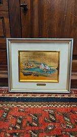 Quadro Vintage Paesaggio Marino Su Foglia D'oro 