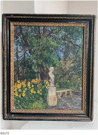 Dipinto olio giardino con statua - antico