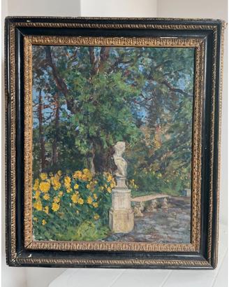 Dipinto olio giardino con statua - antico