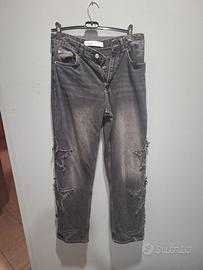 Jeans denim neri baggy con stelle