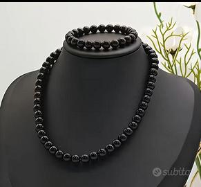 Parure collana bracciale onice agata nera NUOVA 