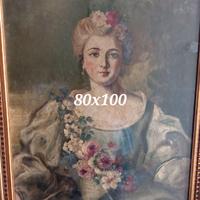 dipinto ad olio su tela damina con ghirlanda rose