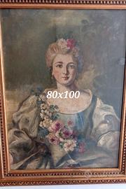 dipinto ad olio su tela damina con ghirlanda rose