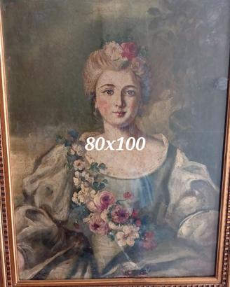 dipinto ad olio su tela damina con ghirlanda rose