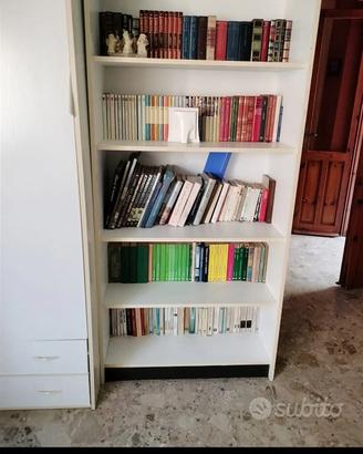 Libreria a ripiani bianca con zoccolo marrone