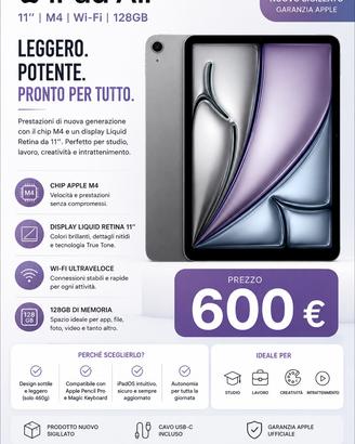 iPad Air 11” M4 Wi-Fi 128GB - NUOVO SIGILLATO