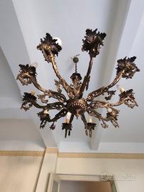 LAMPADARIO IN OTTONE A 10 LUCI VINTAGE ANTICO