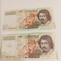 Banconote Lire 100.000 serie Caravaggio