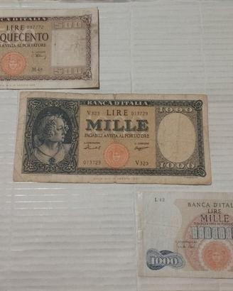 3 banconote 500, 1000 lire 1 e 2 tipo