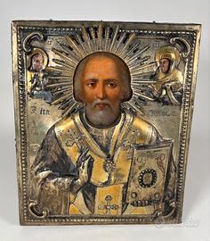 Icona russa S Nicola con riza in argento