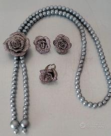 Parure vintage perle grigie e rose glitter
