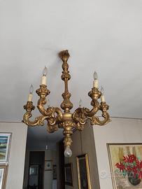 lampadario antico 6 luci  in legno