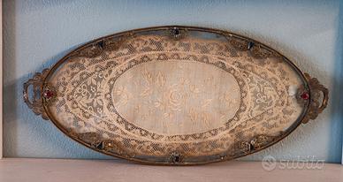 Vassoio toeletta vintage bronzo vetro pizzo pietre