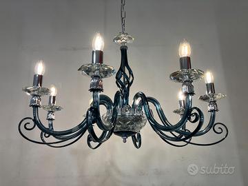 Lampadario vetro soffiato ottanio/trasparente