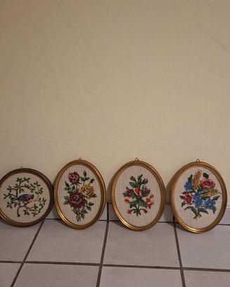 set 4 quadretti vintage oval a punto croce
