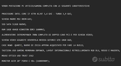 PC POSTAZIONE COMPLETA INTEL CORE I7 4770
