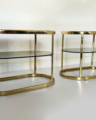 Set tavolini/comodini Vintage 1970 ottone e vetro