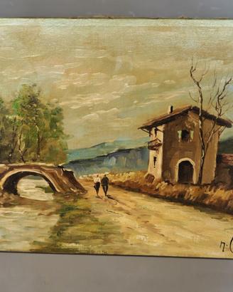 Antico dipinto olio su tela Paesaggio rurale firma