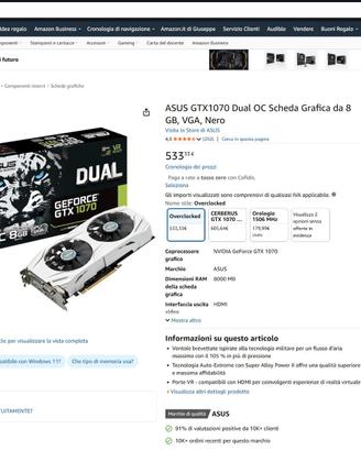 Scheda Video ASUS Dual GeForce GTX 1070 8GB GDDR5