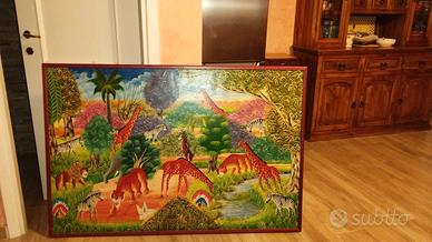 Dipinto stile haitiano naive con animali selvatici