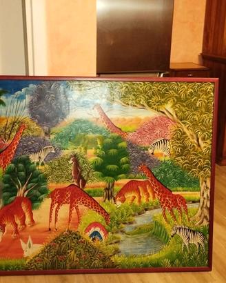 Dipinto stile haitiano naive con animali selvatici