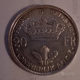 Moneta 20 franchi Belgio in argento 