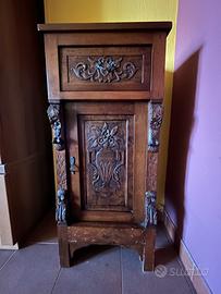 Comodino retró in legno intarsiato, piano in marmo