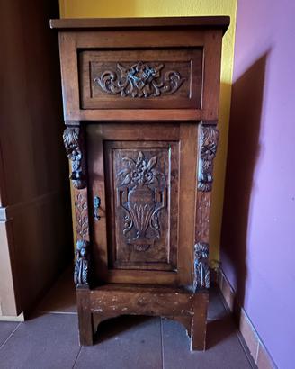 Comodino retró in legno intarsiato, piano in marmo