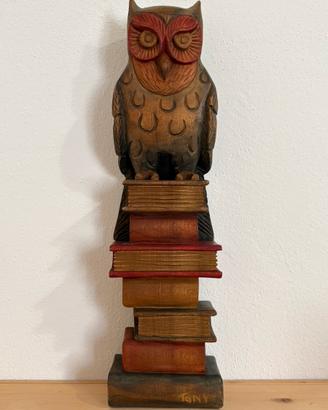 Scultura Gufo Vintage in Legno Intagliato a Mano