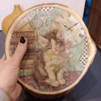 Quadretto su tronco con Gattino Vintage