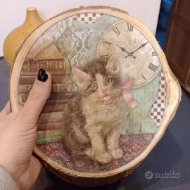 Quadretto su tronco con Gattino Vintage