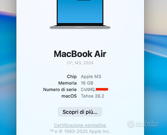 Macbook Air 16GB RAM 512 SSD M3 13 pollici