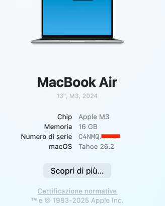 Macbook Air 16GB RAM 512 SSD M3 13 pollici