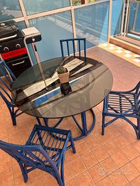 Set tavolo in vetro cristallo e rattan con sedie