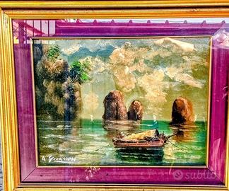 Quadro con Faraglioni di Capri dipinto a mano.
