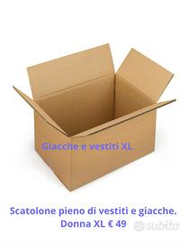 scatolone pieno di vestiti XL, piumini, pellicce, 