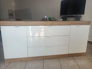 credenza moderna bianca lucida e legno