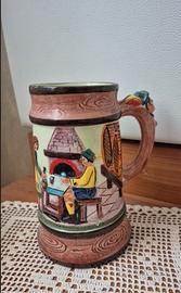 Boccale da Birra Vintage in Ceramica Decorata a Ri