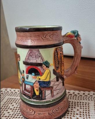 Boccale da Birra Vintage in Ceramica Decorata a Ri