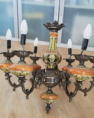 Lampadario vintage 6 luci con ceramica decorata