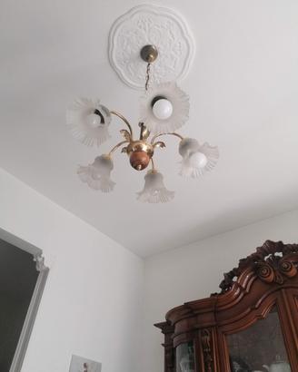 lampadario da sala vetro lavorato ottone legno 